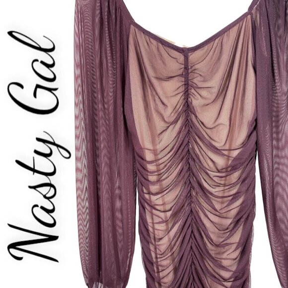 NASTY GAL Y2K WINE RED RUCHED MESH BODYCON MINI DRESS FAIRY GRUNGE WITCH, SIZE 0 - Picture 2 of 6